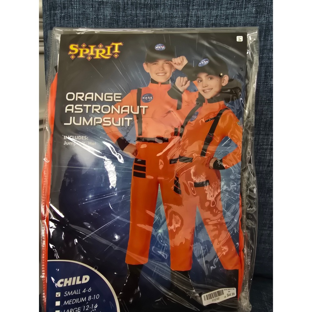 Spirit Halloween NASA Orange Astronaut Jumpsuit Kids Costume Small 4-6 with Hat